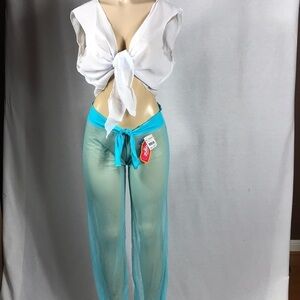 Zuliana Mesh Teal Front Tie Mesh Pants & White Sleeveless Front Tie Pants New